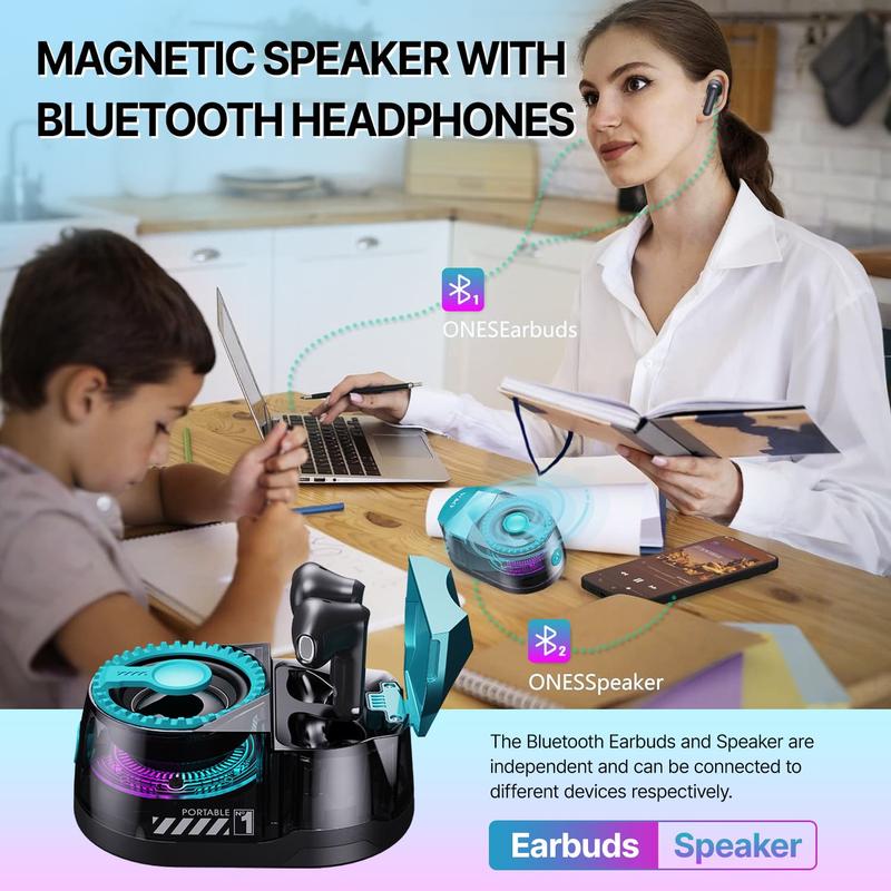​​3-in-1 Portable Magnetic Bluetooth Speaker Headphones Phone Holder | Dual SEPARATE Bluetooth 5.4 | 600mAh Battery | Twin Wireless Speakers + Headphones | iPhone Android | Travel Office Multi-Device​​