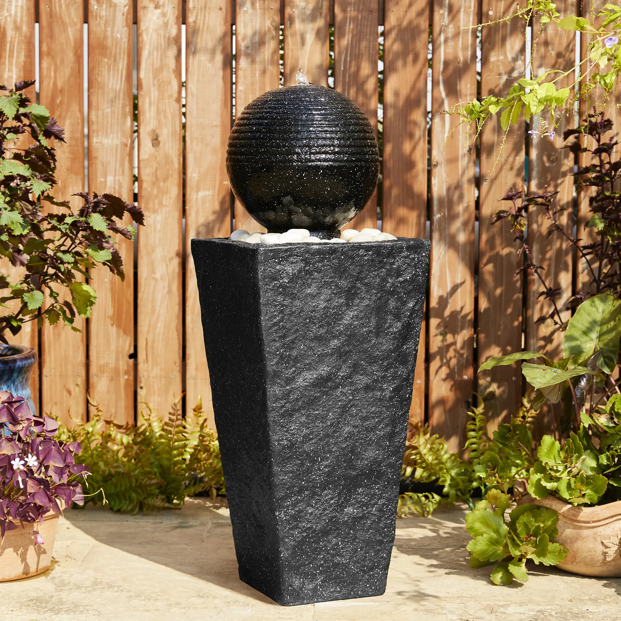 Glitzhome 31.75"H Minimalist Black Geometric Polyresin Outdoor Floor Fountain - Pedestal & Sphere Design, 4L Capacity, Pebbles, Pump, LED Light, Decorative Garden With Lights Fountains, Water Sound, KD (Home Improvement Garden Decor), Outdoor Fountain, Gl