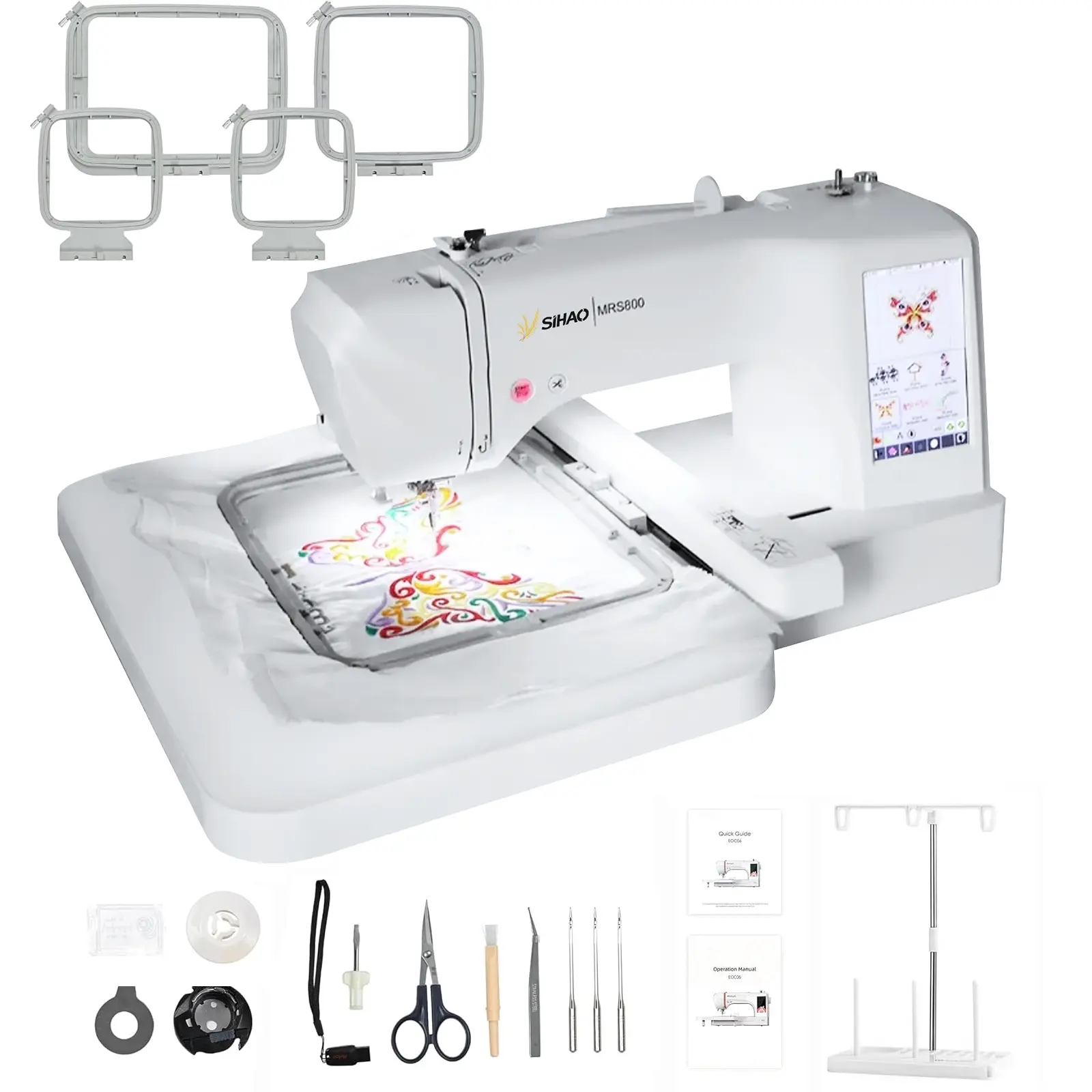 MRS800 Computerized Embroidery Machine for Home Use 7-inch Touch Screen 0-850 RPM 312 Designs Automatic Thread Trimming USB Input 20x28cm Max Area 3 Hoops Stylus Pen