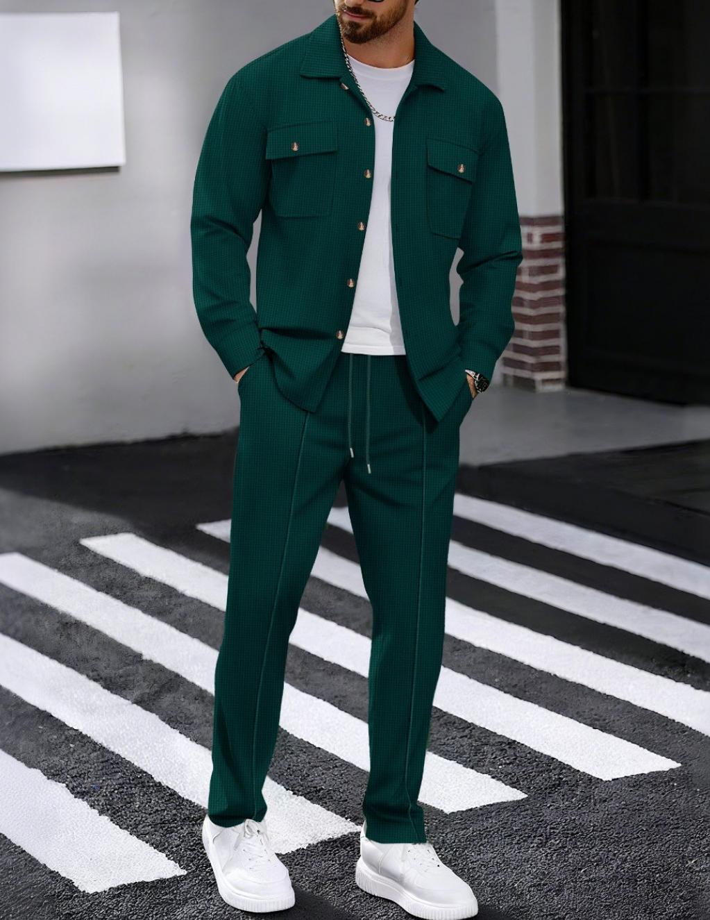 Autumn New Waffle Long Sleeved Pants Two-Piece Set Solid Color Double Pocket Button Up Cardigan Shirt Set for Men