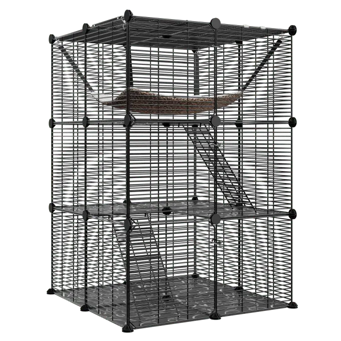 Indoor-Outdoor Steel Frame 3-Tier Enclosed DIY Escape Proof Kennel for Cats - Customizable Layout, Medium Size, Hook-Top Stairs, 27.9"x27.9"x41.6" Roomy Play Zone, Plush Hammock, Secure Access, Plastic Parts (Bedroom/Living Room Use)
