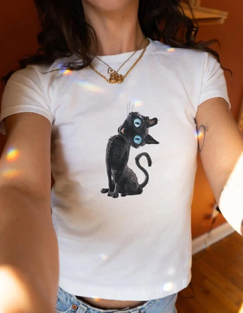 Coraline Cat Graphic T-shirt for Movie Fans & Cat Lovers, Vintage Casual Unisex Cotton Crewneck with Seamless Short Sleeves