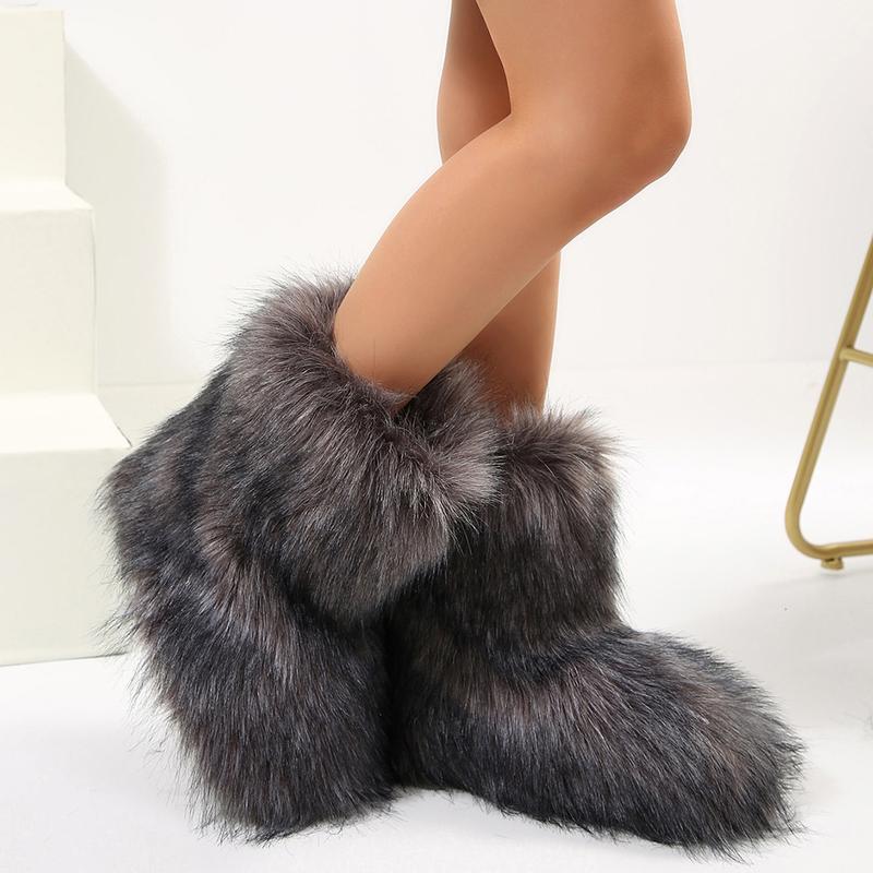 Faux Boot Furry Fluffy Round Toe Suede Snow Winter Women Boots Comfy Plush Warm Windproof  Outdoor Indoor  Shoes Mid-Calf Boot Springfresh