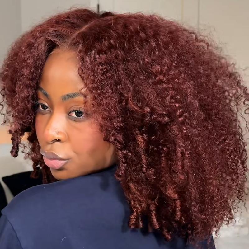 UNice 250% Density Reddish Brown Fluffy Burmese Curly Wig No Slip Glueless Pre-cut 7x5 HD Lace Closure Human Hair Wigs with Layer Finger Coil Ends 16 Inch Beginners Friendly Natural Looking