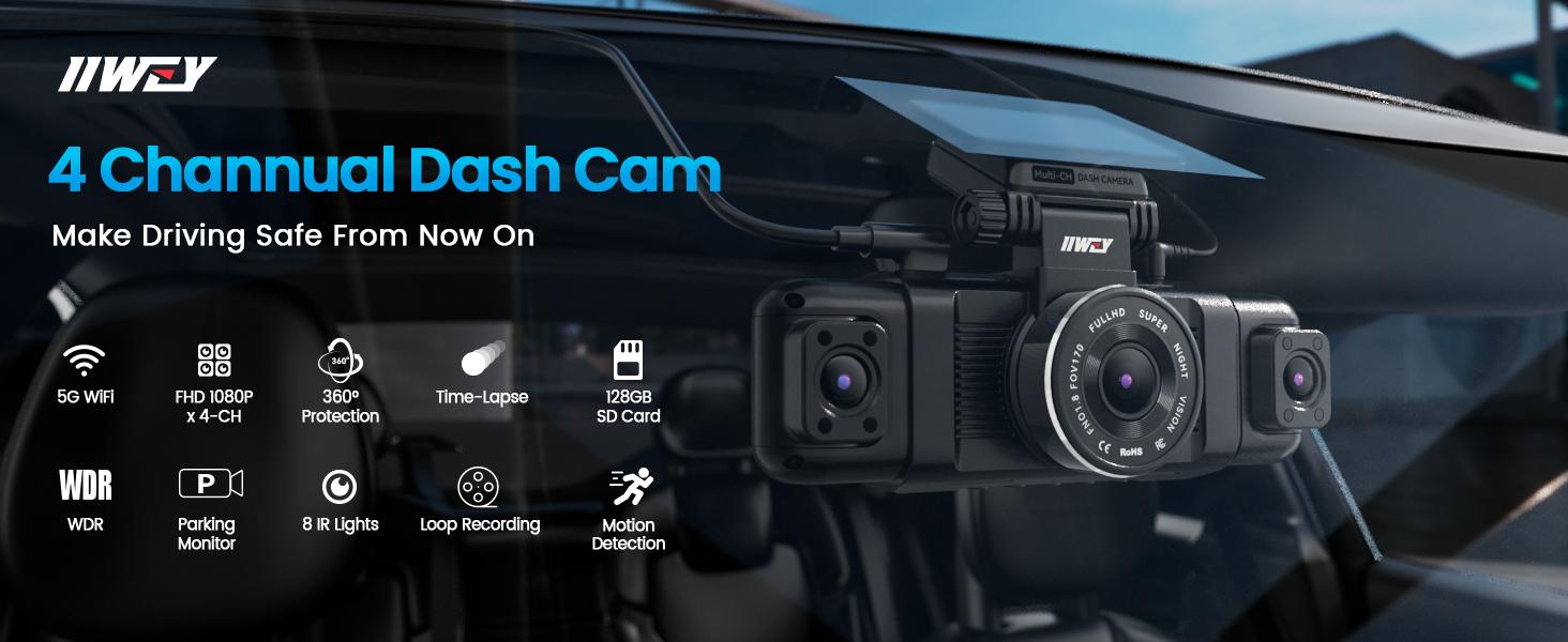 IIWEY N5 4 Channel Dash Cam 360° View 1080P Front & Rear 8 IR Lamps Night Vision 5G WiFi APP Control G-Sensor Parking Mode 128GB SD Card Included side  camera