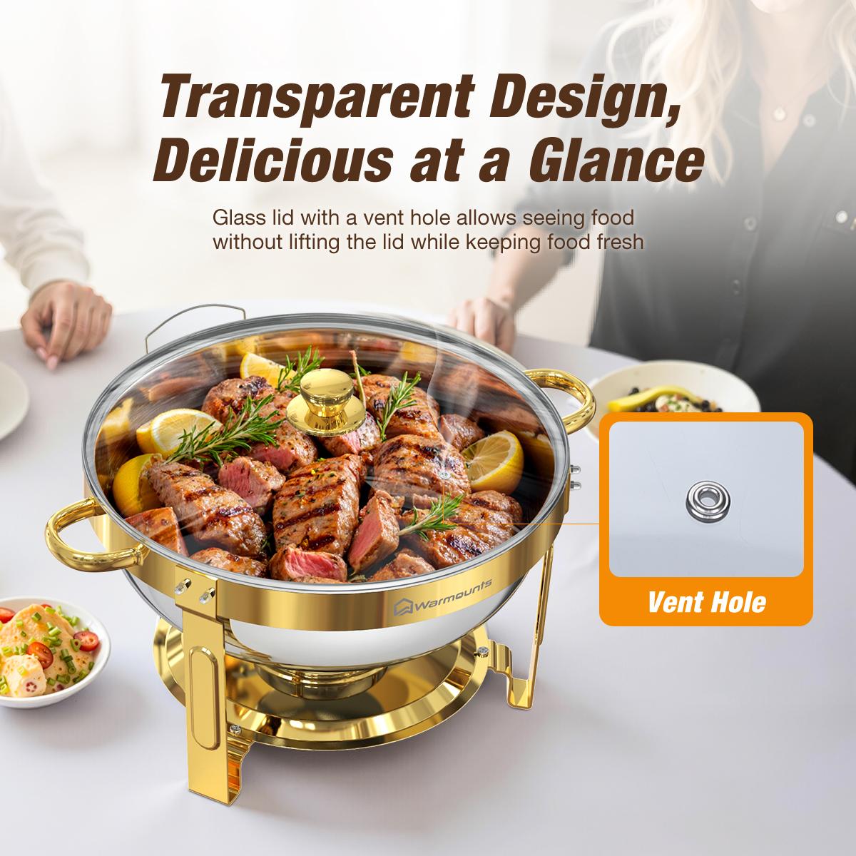 WARMOUNTS 5QT Gold Chafing Dishes for Buffet with Glass Lid, Round Stainless Steel Chafers and Buffet Warmers Sets with Lid Holder, Rolled Edge Design, for Catering Events, Parties, Weddings (2/4Pack)