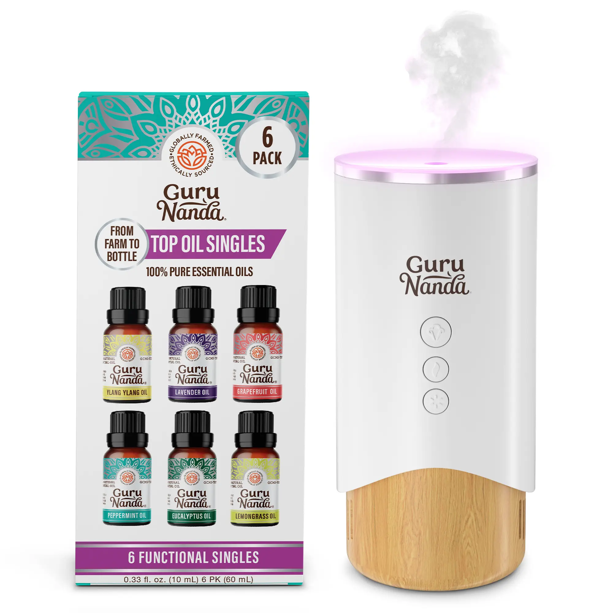 GuruNanda Calm Aura Aromatherapy Diffuser with 6 Pack Essential Oil Single Notes Set
