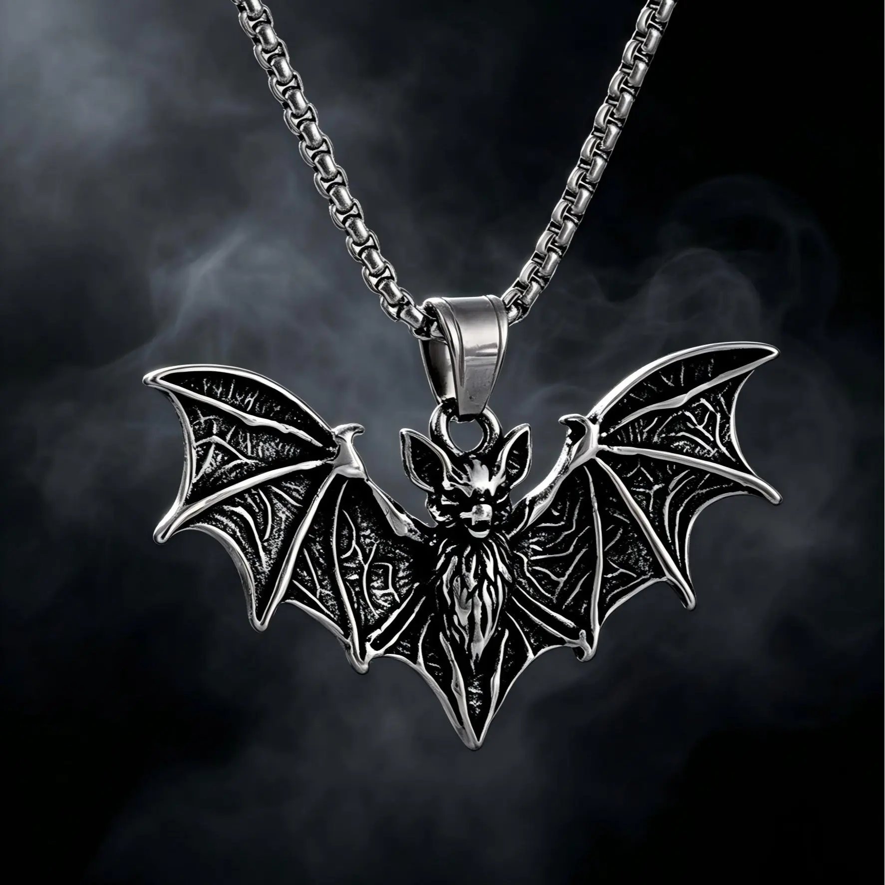 Goth Pendant Necklace in Stainless Steel with Silhouetted Bat Shape, Long-Wearing Accessories for Women & Unisex Adults, Casual Jewelry for Teens, Daily, Securely Constructed, Halloween Aesthetic, Accessories Adults