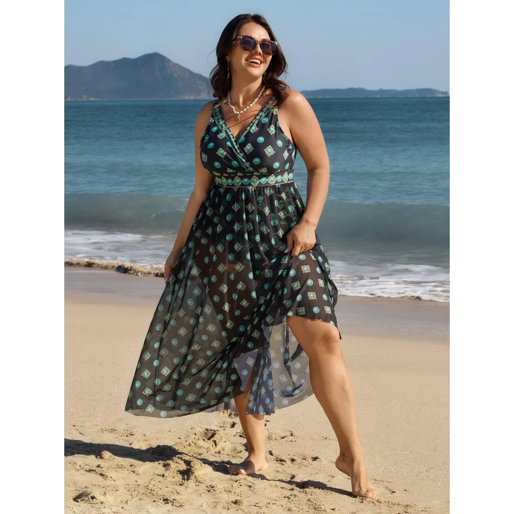 【Tummy control】BLOOMCHIC Plus Size Geometric Print Pleated Tummy-Control One-Piece Swimsuit [M-6X]Beachwear Swimdress Flowy Swimdress,Summerfinds