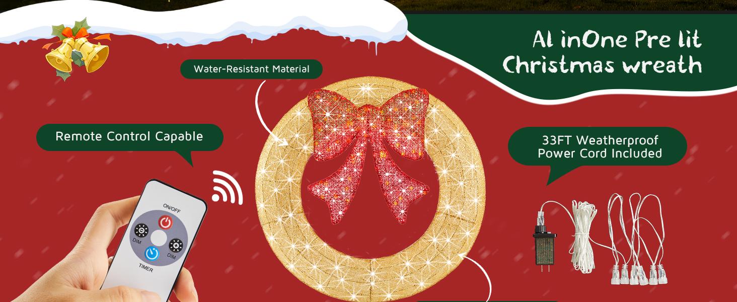 Pre-Lit Christmas Wreath, LED Lighted Holiday Outdoor Decoration with Bow for Door, Mantel, Wall, Windows, Front Door Decor, Gold Wreath