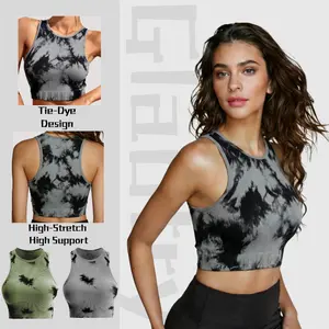 Gladtry Ladies' Seamless Push Up Ribbed Tie-Dye Workout Crop Tank, High-Stretch High Support for Casual Running Pilates Yoga Gym Biking Cardio Outfit Cami Sports Bra for Women Round Neck Eco-Friendly Breathable Material Athletic Fitted
