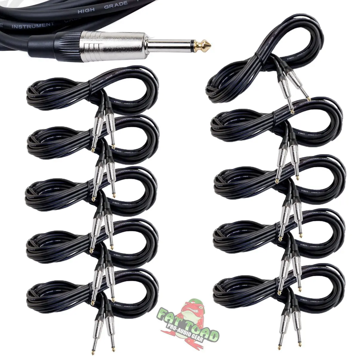 Guitar Cables (10 Pack) Instrument Cord by FAT TOAD | 24 AWG Patch Conductor for Electric Guitar, Bass, Amplifier, Speaker, Keyboard & Recording Studio | Shielded 20FT 1/4 Inch Gold Straight-End Wires