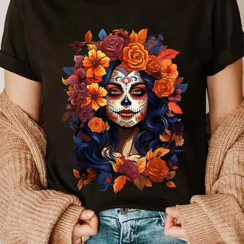 Women's Graphic T-Shirt, Oversized Day of the Dead Sugar Skull Print, Loose  Short Sleeve Top