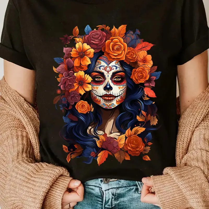 Women's Graphic T-Shirt, Oversized Day of the Dead Sugar Skull Print, Loose  Short Sleeve Top