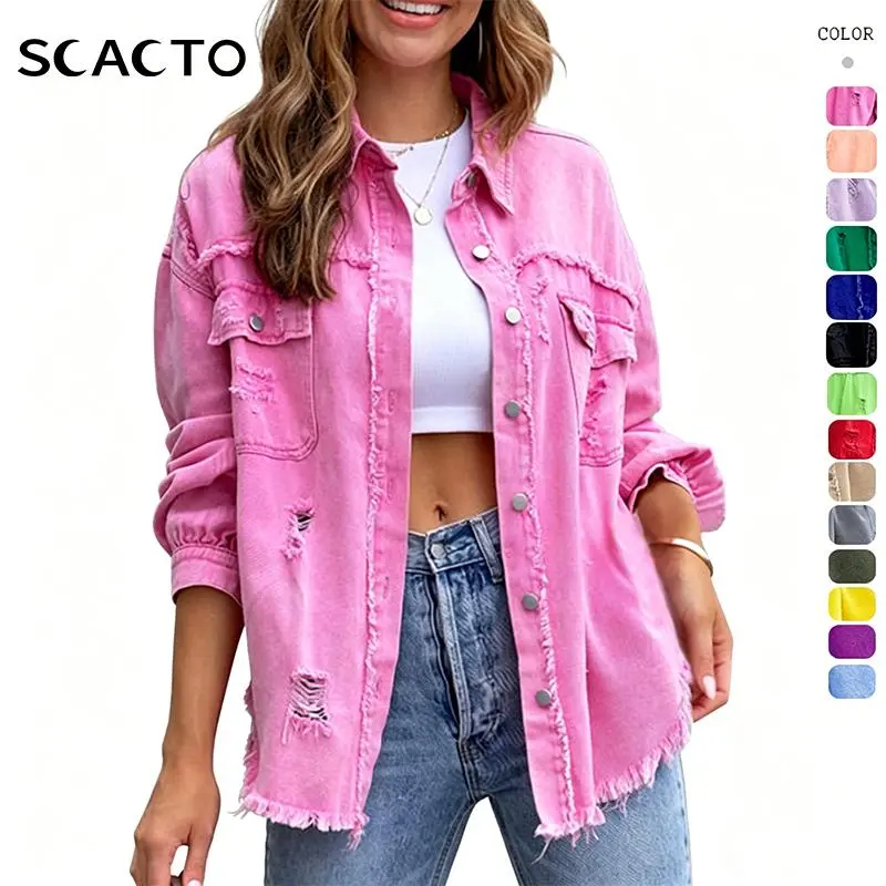 Scacto Women's Oversized Loose-Fitting Denim-Inspired Cotton Blend Shacket - Polyester Viscose, Collared Button-Up Longsleeve, Raw Hem, Pockets, Crop, Soft Casual Plain Layering Top, Denim-Style Jacket Upgrades Basics, Orange, 2XL