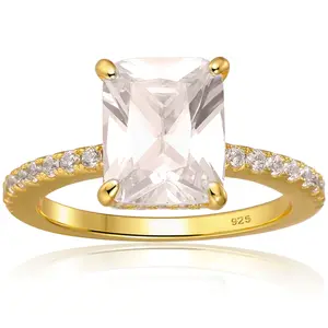Starlette Evangeline in Gold Ring | 3 Carat Emerald Cut Center Stone | Plated in Gold | Simulated Diamond Engagement Ring