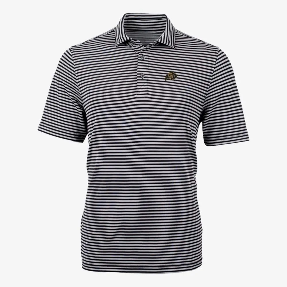 Men's Black and White Striped Performance Polo Shirt - Short Sleeve Athletic Golf Top with Bull Logo Emblem