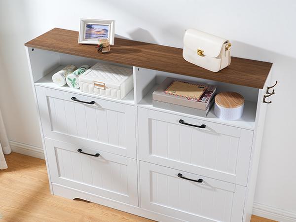 MAHANCRIS Farmhouse Shoe Cabinet with 4 Flip Drawers, Entryway Shoe Cabinet, Hidden Shoe Organizer, Narrow Shoe Cabinet with Compartments and Hooks, for Entryway, Hallway, White and Walnut MAHANCRIS Farmhouse Shoe Cabinet with 4 Flip Drawers, Entryway Shoe Cabinet, Hidden Shoe Organizer, Narrow Shoe Cabinet with Compartments and Hooks, for Entryway, Hallway, White and Walnut