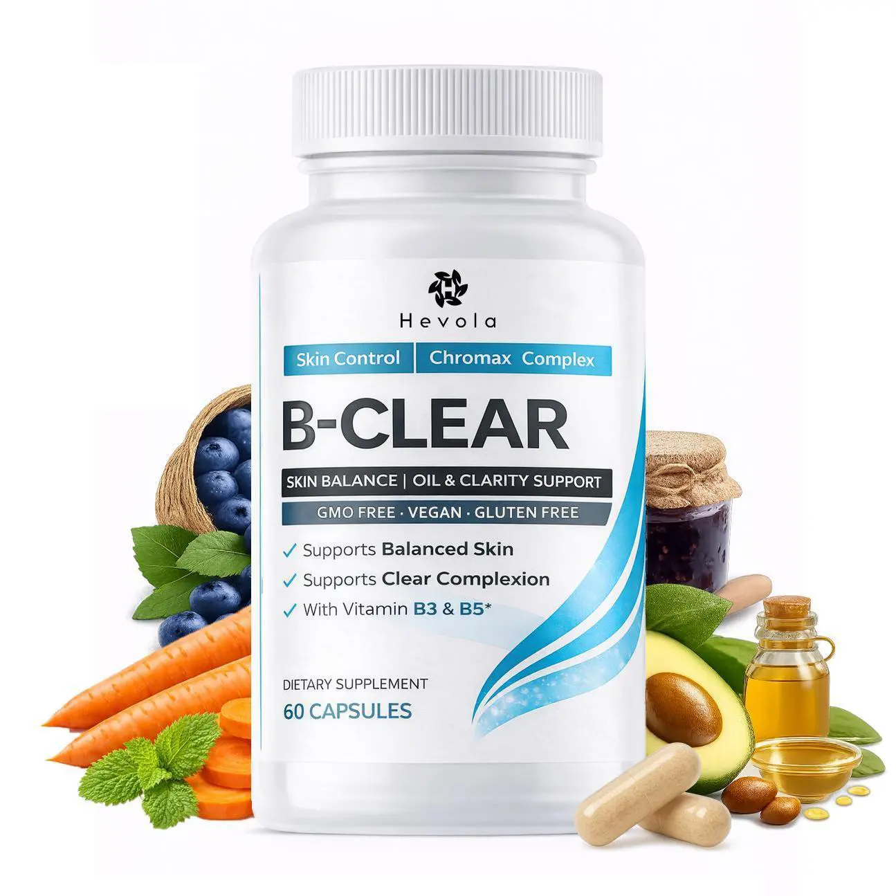 B-CLEAR Daily Skin Formula Edible Vitamin Supplement - 60 Veggie Capsules, Niacinamide, Pantothenic Acid, Zinc, Oil Control, Acne Support, Hair Skin Nails Care, Healthcare Enhancement