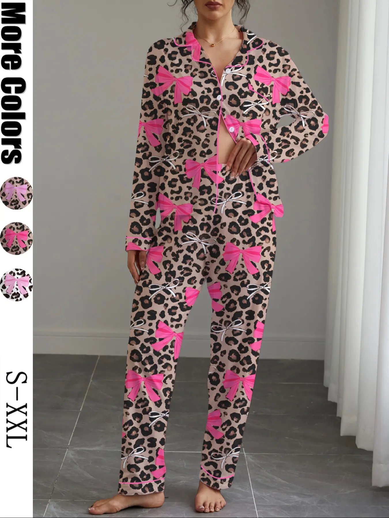Women's Autumn Winter Pajama Set, Cute Bowknot Print, Holiday Party Sleepwear, Shirt Collar Button Long Sleeve Top & Elastic Pants, Pajamas For Adults Pjs