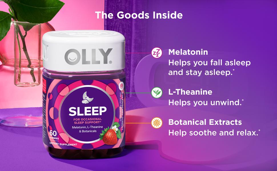 OLLY Sleep Gummy, 3 mg Melatonin, L-Theanine, Chamomile, Lemon Balm, Sleep Aid, Strawberry, 60 Count