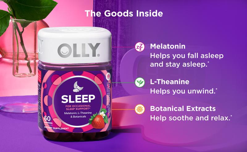 OLLY Sleep Gummy, 3 mg Melatonin, L-Theanine, Chamomile, Lemon Balm, Sleep Aid, Strawberry, 60 Count