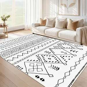 Washable Modern Minimalist Faux Cashmere Area Rug – Ultra Soft White & Black Abstract Geometric Carpet – Non-Shedding Nordic Floor Mat for Living Room & Bedroom