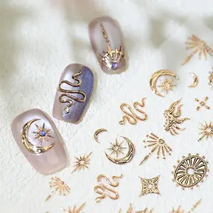 2Pcs Set Gold Silver Snake Stars Nail Stickers for Nail Decoation Decals 5D Self-Adhesive Bronzing Stars Moon Totem DIY Supplies Slider
