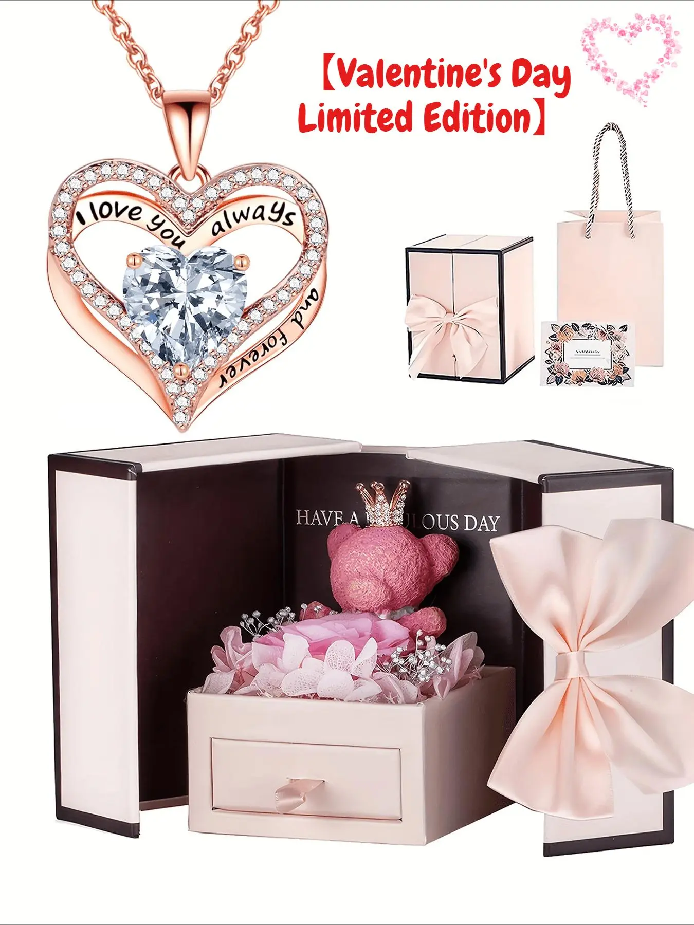 Jewelry Design Heart Necklaces with Rose & Bear Pendant, Limited Edition Unisex Gift for Anniversary & Birthday, in Gift Box, No Warning Applicable, Gift Boxed