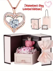 【Valentine's Day Limited Edition】Love Keepsake Necklace! Rose & Bear Heart Pendant in Gift Box. Precious Symbol of Love & Family, Perfect Anniversary / Birthday / Thank You Gift for Her.
