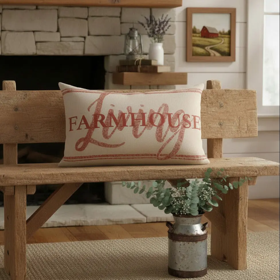 Farmstead Red Striped Farmhouse Pillow, Khaki Accent, Assorted Fabrics, Infused with Farmhouse Charm