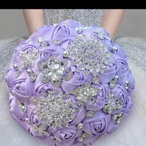A light purple artificial rose bouquet with satin ribbons for bridesmaids, featuring handmade butterflies and pearls, perfect for weddings and lasting memories.