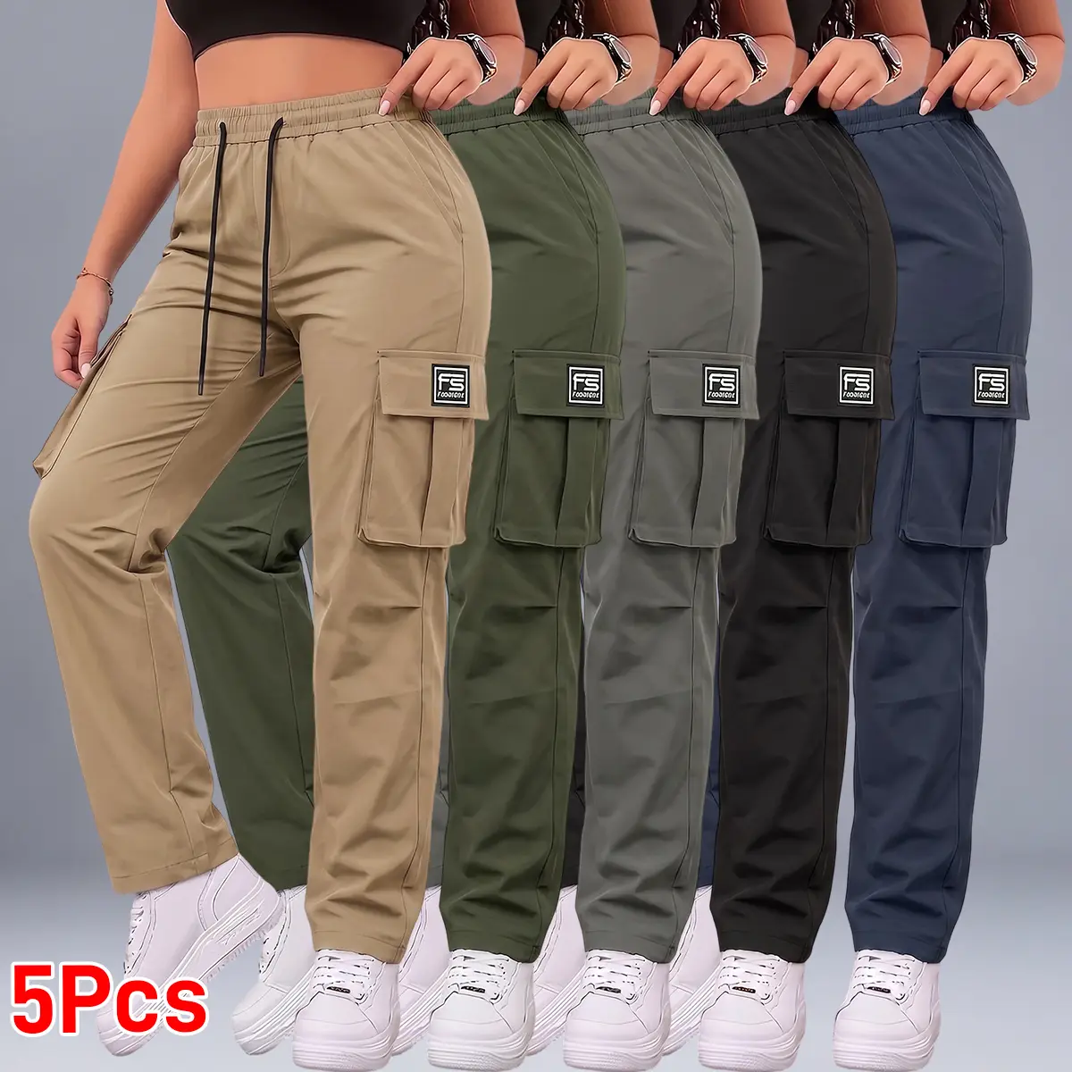 Set of 5 women’s cargo pants: casual, elastic waist, pockets; suitable for summer outfits, everyday commuting and casual wear; minimalist bottoms, basic style, vacation wear, beachwear, sporty casual style; comfortable loose fit; casual drawstring high-wa
