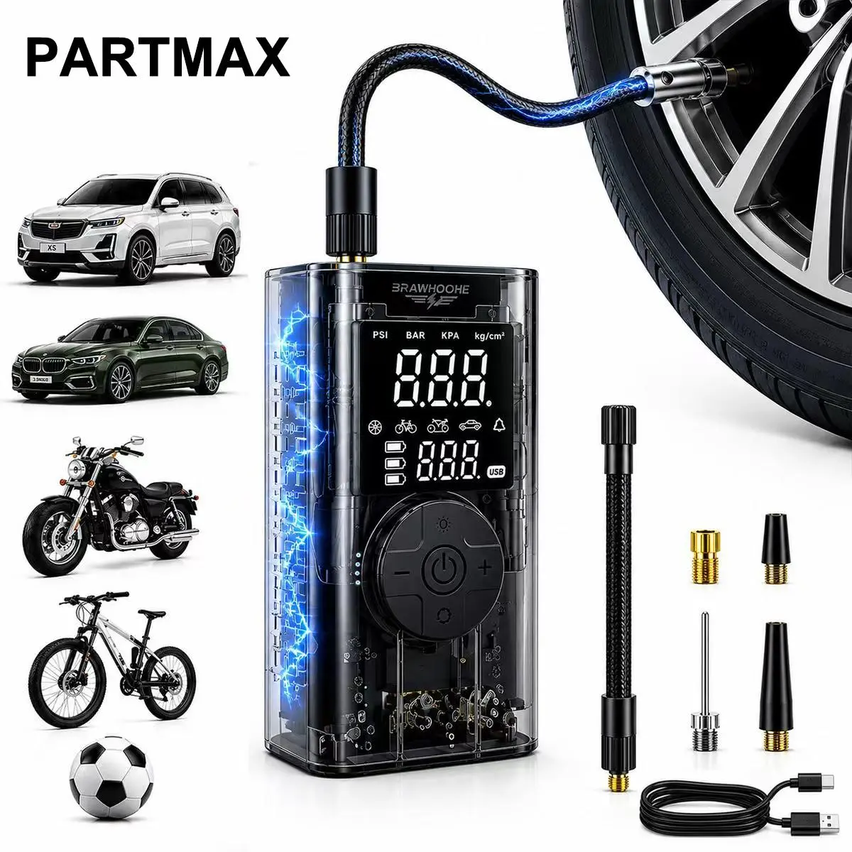 7-in-1 Cordless Inflator - Portable Tool with Digital Dual Values Display, 150 PSI, LED Emergency Light, Battery-Powered for Cars, Roadside Help to Inflate Tires, Ultra-Fast Inflation
