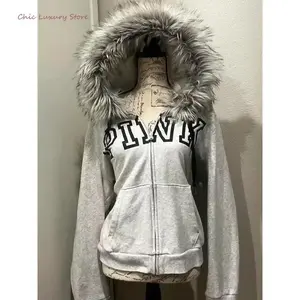 [Chic] Casual Gray Femme Korean Fur Patchwork Hooded Sweatshirts Vintage Y2k Aesthetic Grunge Letter Print Zippers Hoodies Women Coat