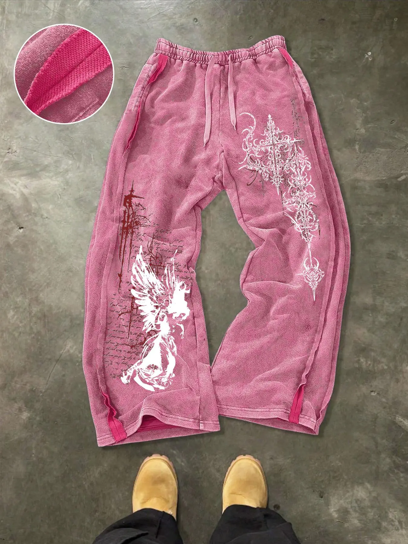 Men's Washed Cotton Sweatpants with Gothic Print, Contrast Side Stitching Detail, Comfortable Casual Pants for Daily Wear & Lounging