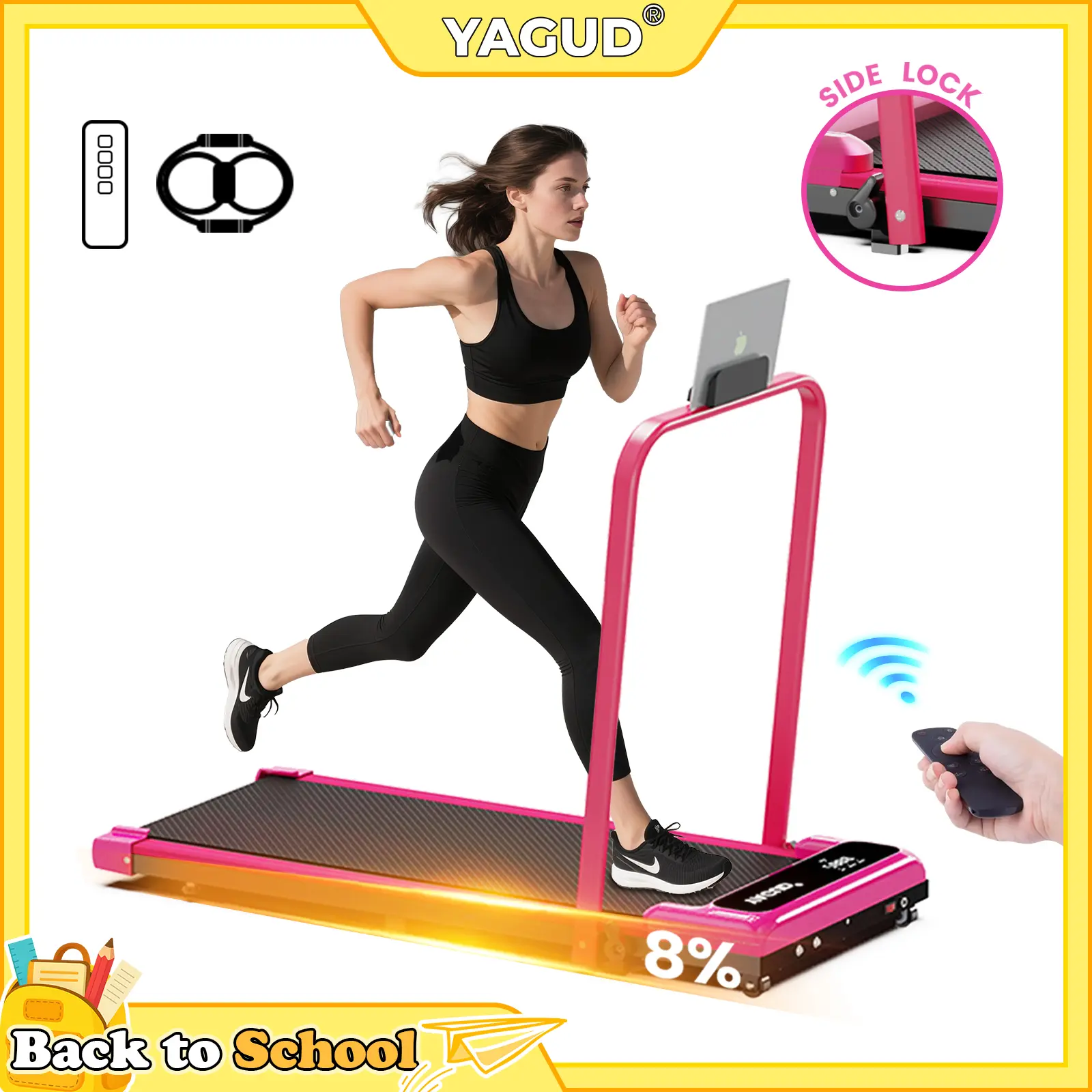 【New Arrival】BACKTOSCHOOL YAGUD Electric Folding Treadmill with Handrail, Low Noise Motor – 265lbs Weight Capacity Spacious Belt Walking Pad, Dual Shock Absorption, Remote Control & Wheels for Easy Moving – Includes Free Resistance Bands and Remote