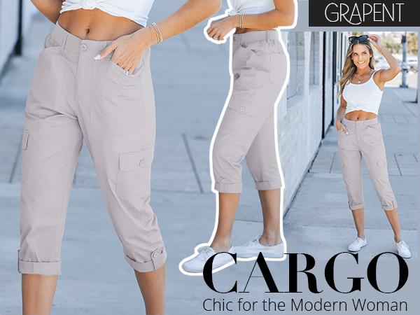GRAPENT Cargo Capri Pants for Women High Waisted Relaxed Fit Elastic Knit Waist Casual Capris Trousers Cropped Pants GRAPENT Cargo Capri Pants for Women High Waisted Relaxed Fit Elastic Knit Waist Casual Capris Trousers Cropped Pants