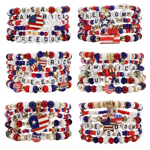 28pcs Mix Patriotic 4th of July Beaded Bracelets Set, Multilayer Stackable Bracelets with Red White Blue Beads USA Letter Beads American Flag Star Charms Golden Spacer Beads for Women Girls Independence Day Party & Daily Wear