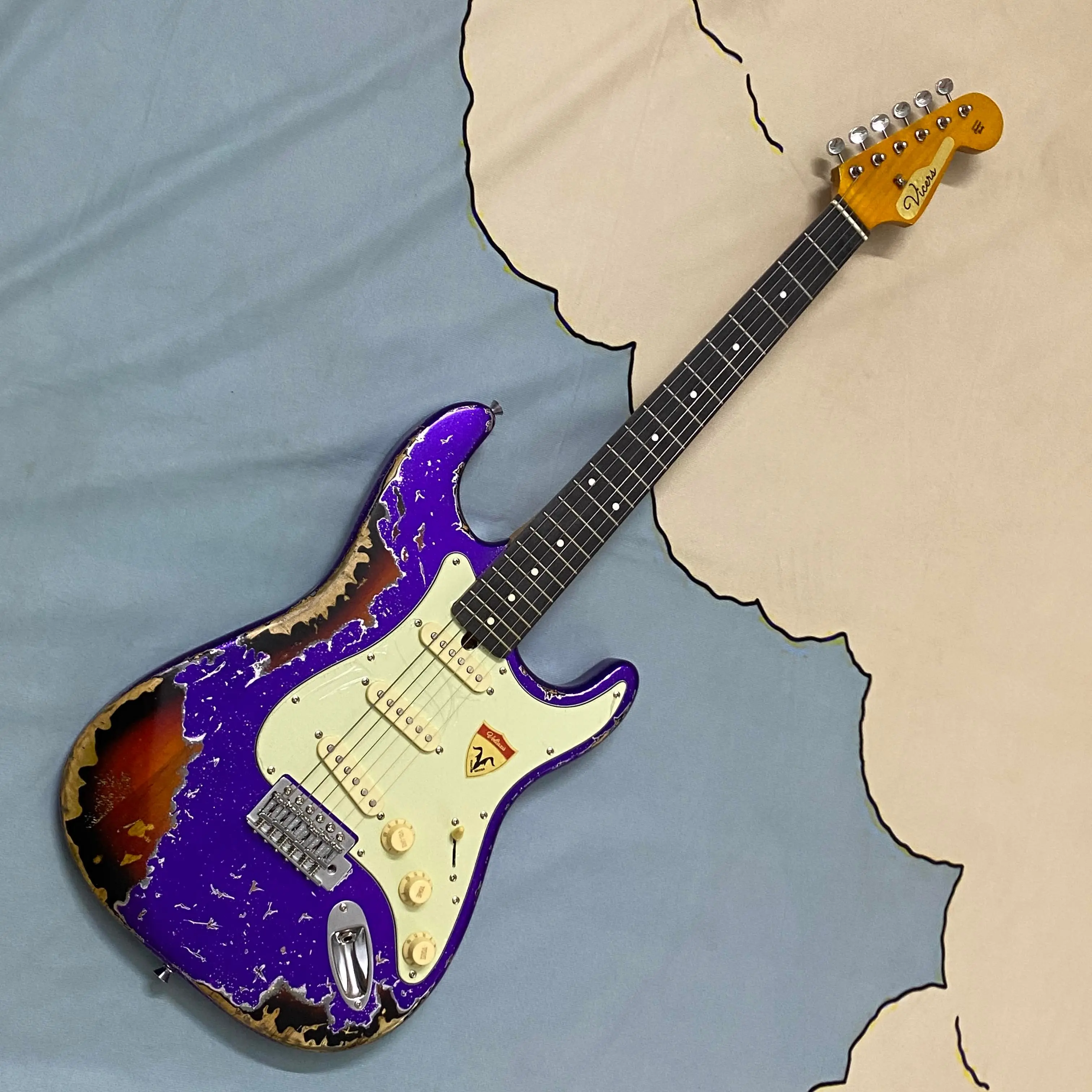 Classic Metallic Purple Heavy Relic Guitar for Musicians - Vintage Sunburst Worn Distressed Paint, SSS Pickups, Authentic Sound