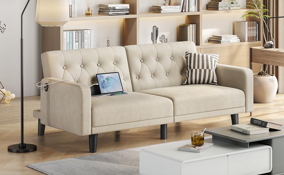 Yaheetech 63in Convertible Futon Sofa Bed Couch Split-back Sleeper w/ USB Ports for Living Room, Guest Room, Apartments, Guest Rooms