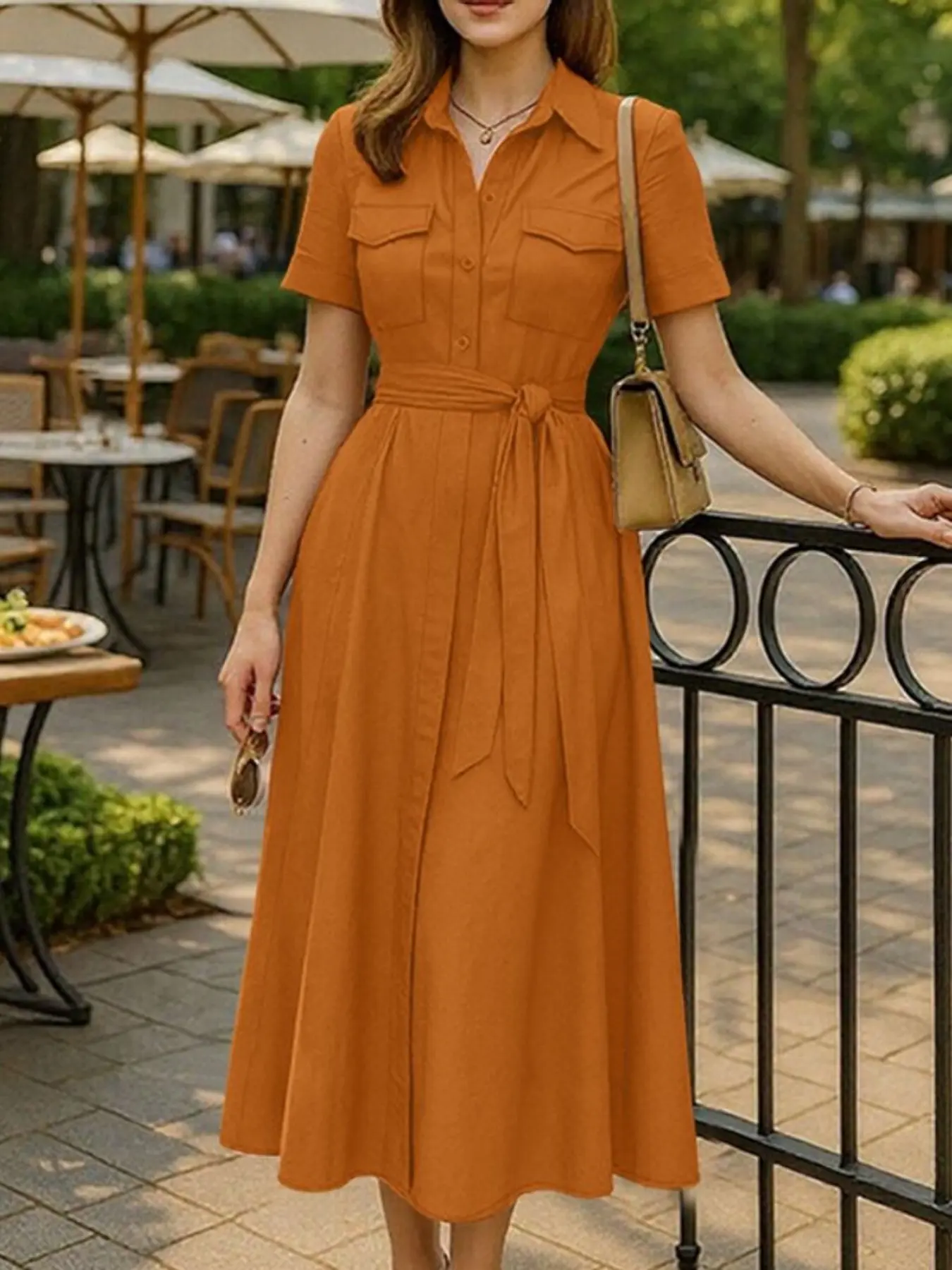 ZANZEA Women's Short Sleeve Shirt Collar Fashion Casual Workwear Dress, Mid-Length Button Front, A-Line with Belt, Street Style Office Wear