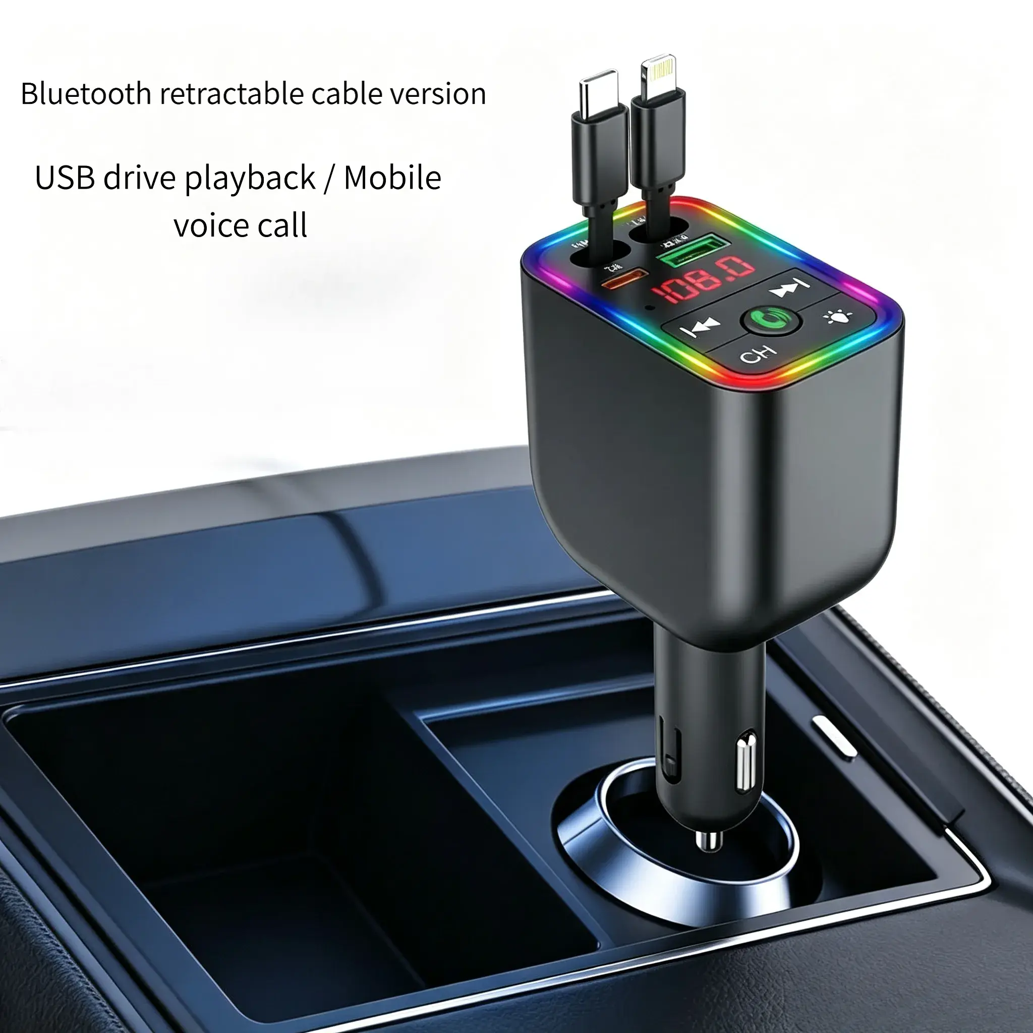 Bluetooth Car Adapter FM Transmitter Fast Charger - Star Projection RGB Ambient Lights, Handsfree Music/Call, 2 USB Type-C Ports, Car Interior Decor Accessory for Daily Road Trips, Rgb Lights
