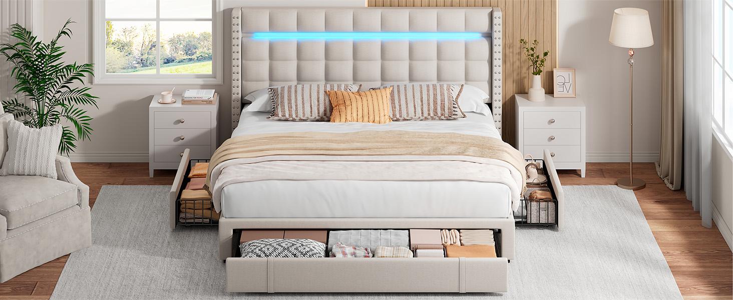 Raybee Furniture 3 Drawers Bed frame for Queen, No Mattress, LED Bed Frame with Adjustable Headboard and Storage, NO Noise,No Spring Needed, Hold 880LBS, Beige, Gray