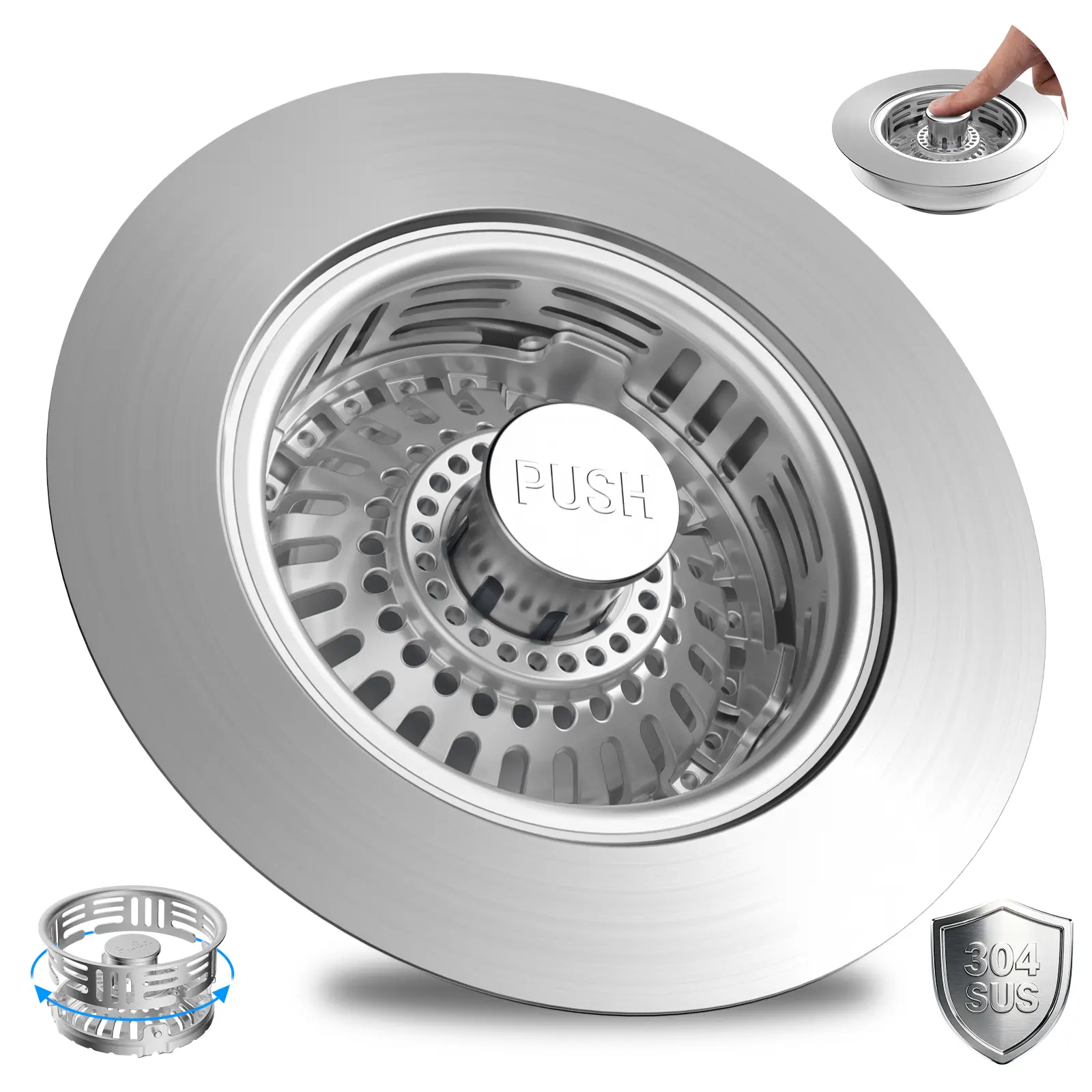 All Metal Kitchen Sink Strainer Stopper Combo - Stainless 3-in-1 Pop Up Sink Drain Strainer with Handle Rod for US Standard 3-1/2 inch Drain Filter, Anti-Clog