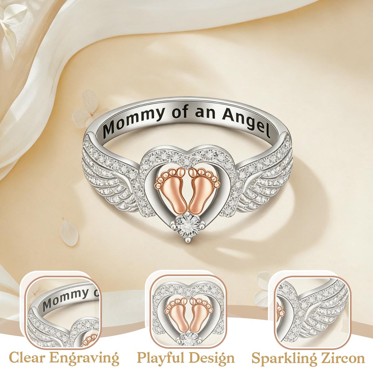 Two-Tone Baby Feet - Angel Wings  Heart Ring "Mommy Of An Angel"- Vintage Elegant Style - Mother's Day Jewelry Gifts For Women  Special Occasions