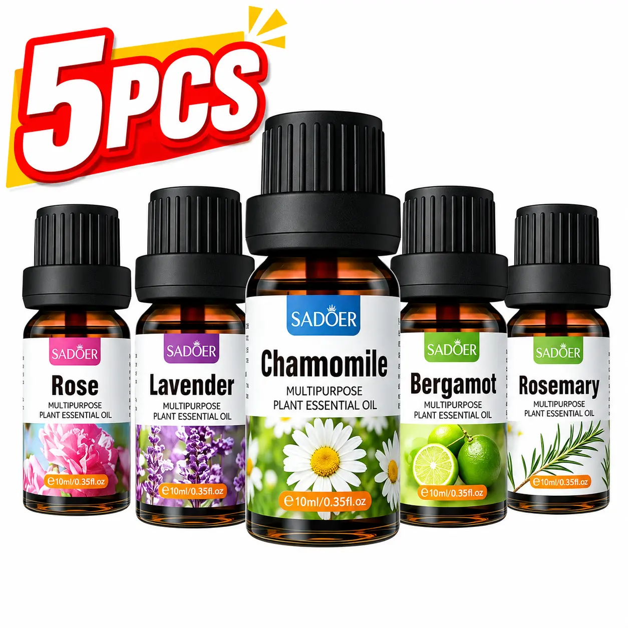 5PCS Floral Blend Aroma Diffuser Essential Oils Set - Rose, Lavender, Chamomile, Bergamot, Rosemary Scented Freshener, Home Fragrance Gift Set for Bath & Body Care