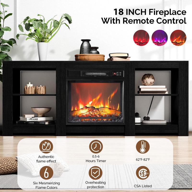 Karlhome Fireplace TV stand, farmhouse-style entertainment center for 70-inch TVs, with electric fireplace heater and adjustable shelves, living room fireplace media control table.