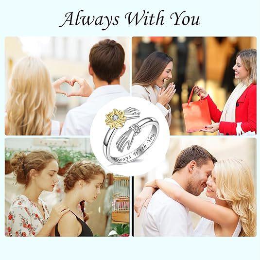 Worry Ring Hand-Hug Sunflower Spinner Ring "Always With You" & "You Are My Sunshine" Inspirational Jewelry for Women Girlfriend Daughter Stress Relief Fidget Ring Gift