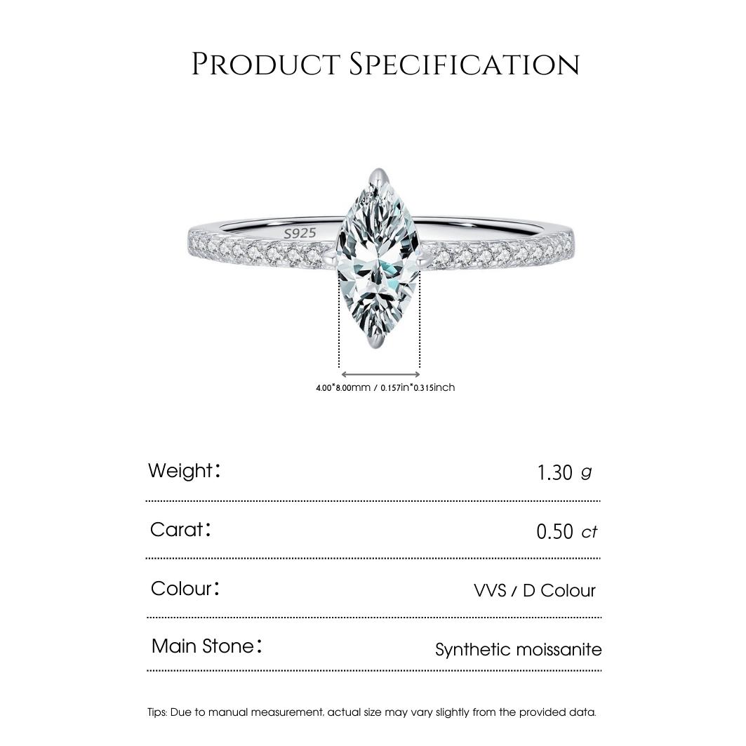 Drinsper Simple Marquise Ring - S925 0.5ct DVVS Colour Synthetic Moissanite Sterling Silver Engagement Ring for Women Girls Elegant Classic Style Suitable for Daily Wearing Birthday Anniversary Jewelry Gift for Her